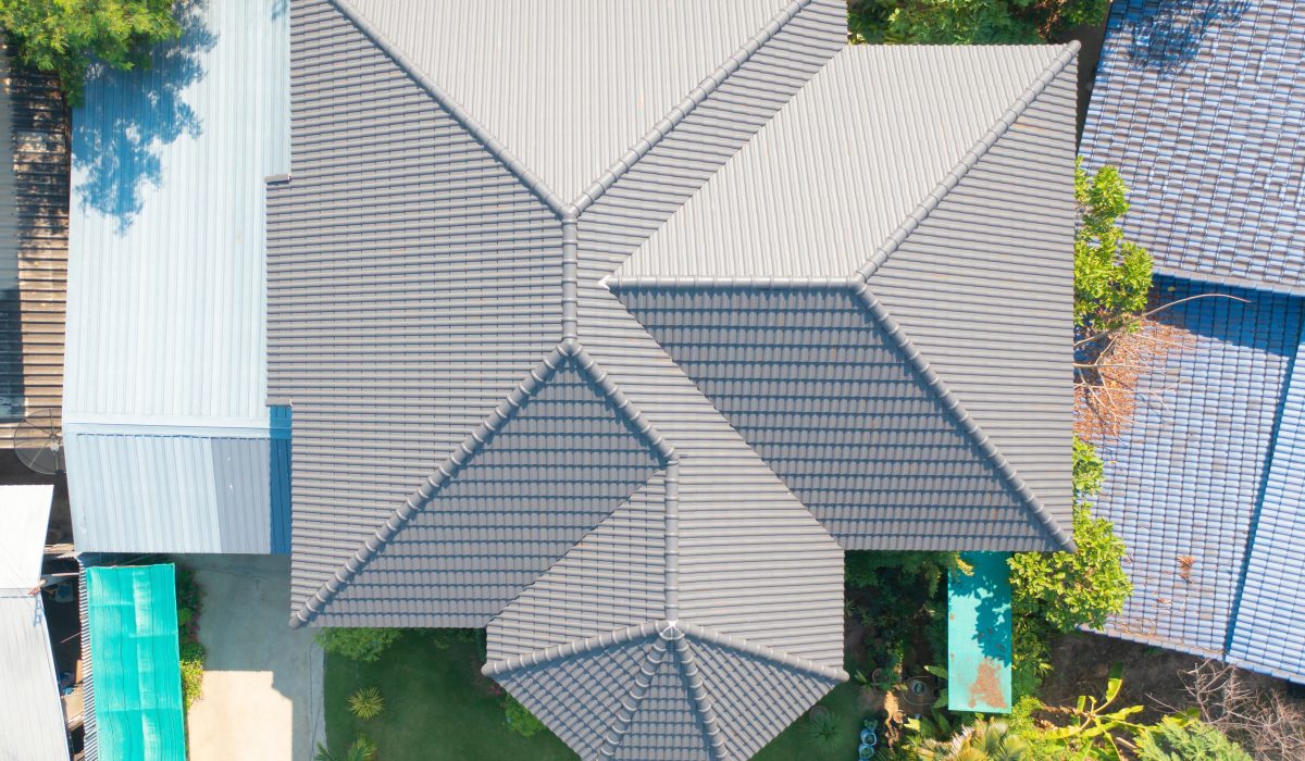 one source roofing services aerial top view of finished corrugated tile roof